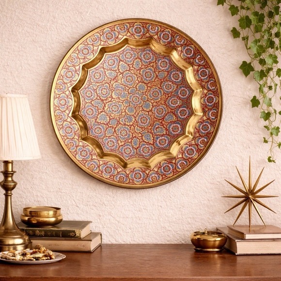 Other - Vintage Brass Floral Scalloped Inlay Plate | Wall Hanging | MCM Retro Decor
